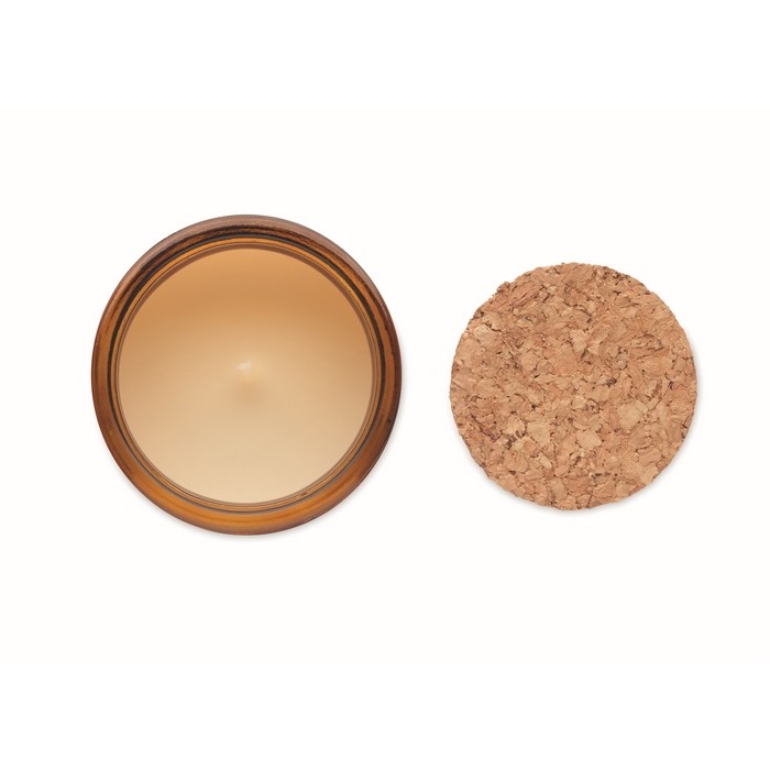 Vela de cera vegetal con aroma a vainilla y tapa de corcho color marrón cuarta vista Vela de cera vegetal con aroma a vainilla y tapa de corcho color marrón cuarta vista