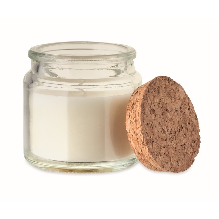 Vela de cera vegetal con aroma a vainilla y tapa de corcho color beige segunda vista Vela de cera vegetal con aroma a vainilla y tapa de corcho color beige segunda vista