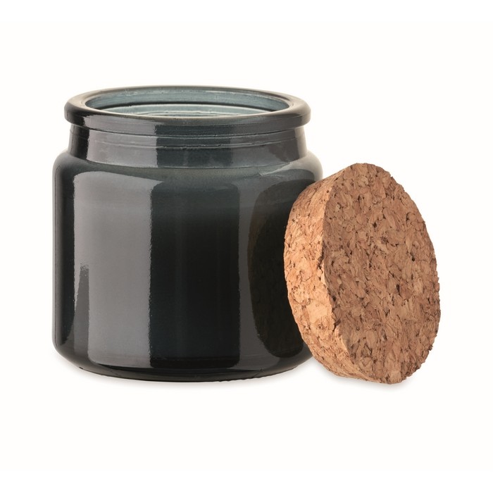 Vela de cera vegetal con aroma a vainilla y tapa de corcho color azul marino segunda vista Vela de cera vegetal con aroma a vainilla y tapa de corcho color azul marino segunda vista