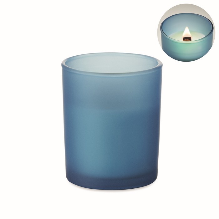 Vela con aroma a vainilla de cera vegetal y mecha de madera color azul septima vista Vela con aroma a vainilla de cera vegetal y mecha de madera color azul septima vista