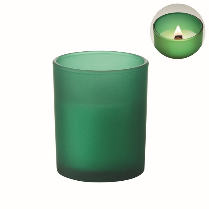 Vela con aroma a vainilla de cera vegetal y mecha de madera color verde septima vista Vela con aroma a vainilla de cera vegetal y mecha de madera color verde septima vista