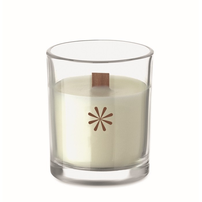 Vela con aroma a vainilla de cera vegetal y mecha de madera color transparente vista principal Vela con aroma a vainilla de cera vegetal y mecha de madera color transparente vista principal