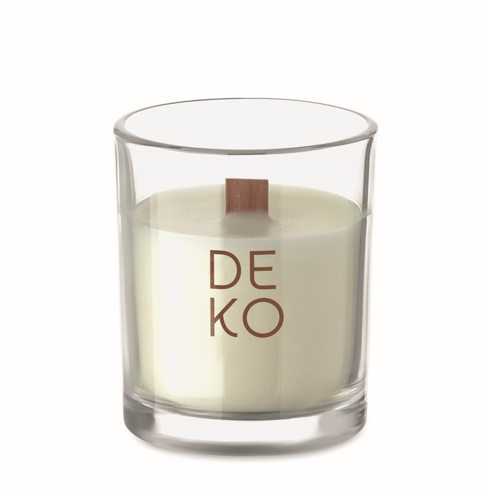 Vela con aroma a vainilla de cera vegetal y mecha de madera color transparente segunda vista principal Vela con aroma a vainilla de cera vegetal y mecha de madera color transparente segunda vista principal