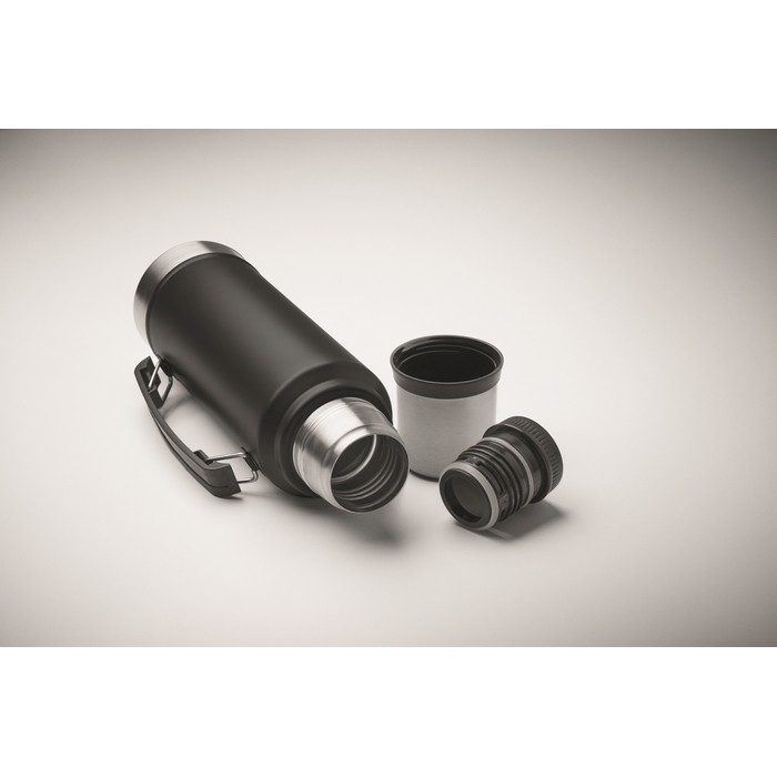 Termo de acero inoxidable reciclado con 1 vaso y asa lateral 1L color negro vista fotografía cuarta vista