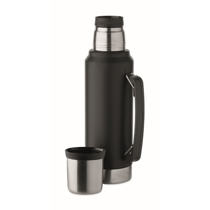 Termo de acero inoxidable reciclado con 1 vaso y asa lateral 1L color negro quinta vista