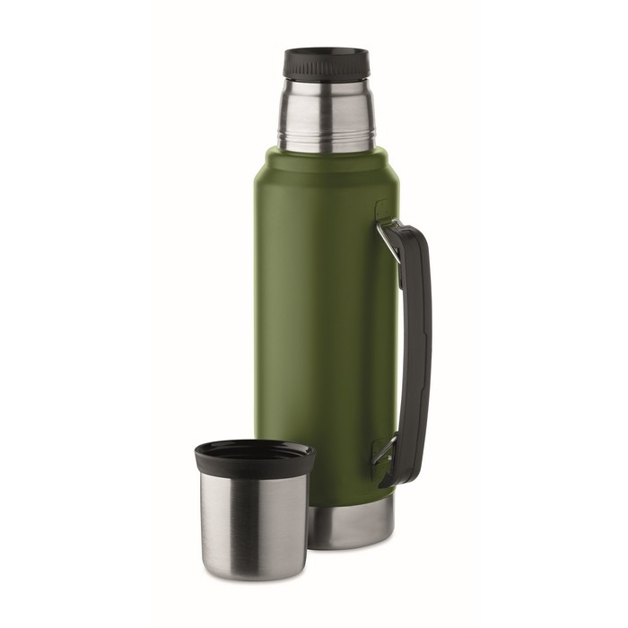 Termo de acero inoxidable reciclado con 1 vaso y asa lateral 1L color verde oscuro quinta vista