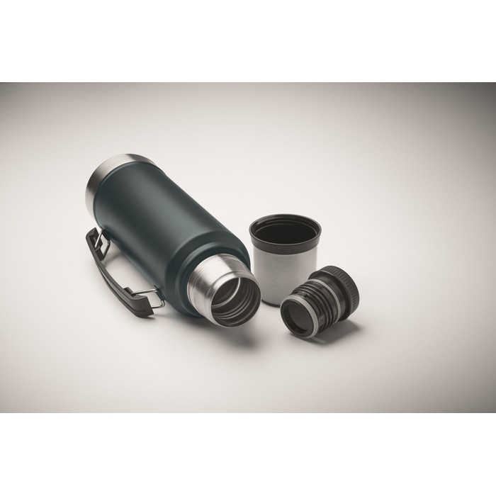 Termo de acero inoxidable reciclado con 1 vaso y asa lateral 1L color azul marino vista fotografía cuarta vista