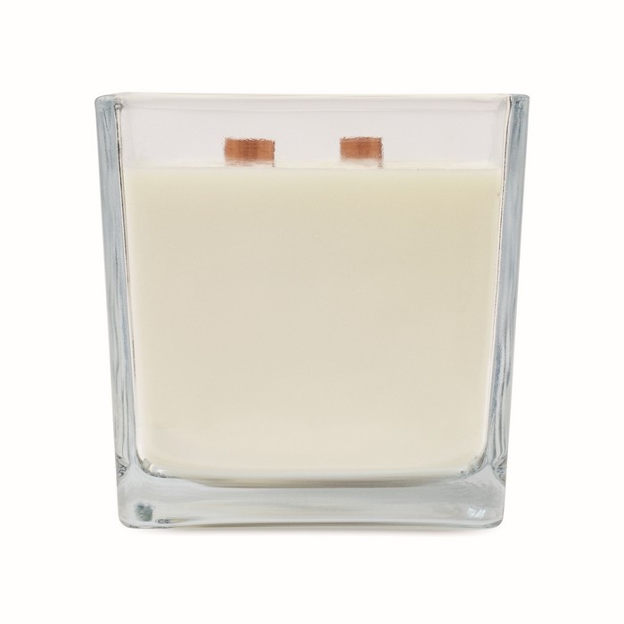 Vela extra grande olor a vainilla con 2 mechas de madera color transparente cuarta vista Vela extra grande olor a vainilla con 2 mechas de madera color transparente cuarta vista