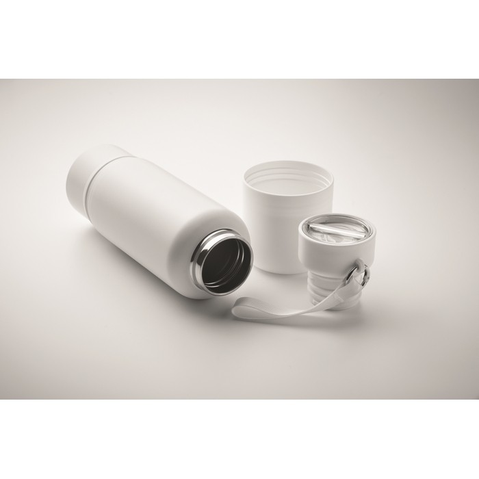 Botella isotérmica con asa y vaso en parte inferior 500ml color blanco vista fotografía quinta vista Botella isotérmica con asa y vaso en parte inferior 500ml color blanco vista fotografía quinta vista