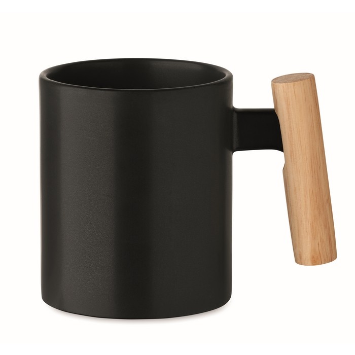 Taza de cerámica con original asa recta de madera 320ml color negro segunda vista Taza de cerámica con original asa recta de madera 320ml color negro segunda vista