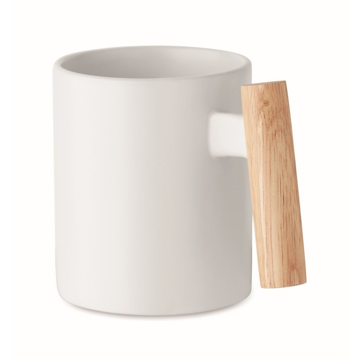 Taza de cerámica con original asa recta de madera 320ml color blanco Taza de cerámica con original asa recta de madera 320ml color blanco