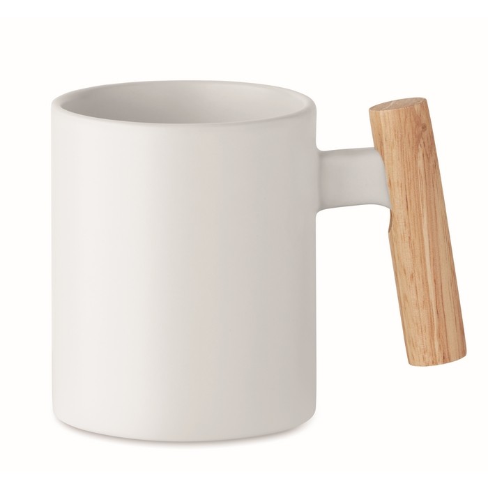 Taza de cerámica con original asa recta de madera 320ml color blanco segunda vista Taza de cerámica con original asa recta de madera 320ml color blanco segunda vista