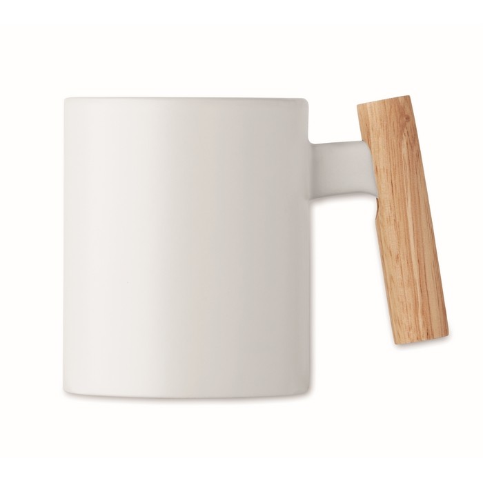 Taza de cerámica con original asa recta de madera 320ml color blanco cuarta vista Taza de cerámica con original asa recta de madera 320ml color blanco cuarta vista