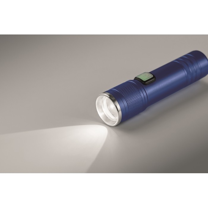 Linterna de aluminio reciclado extensible con 3 ajustes de luz y zoom color azul vista fotografía tercera vista Linterna de aluminio reciclado extensible con 3 ajustes de luz y zoom color azul vista fotografía tercera vista