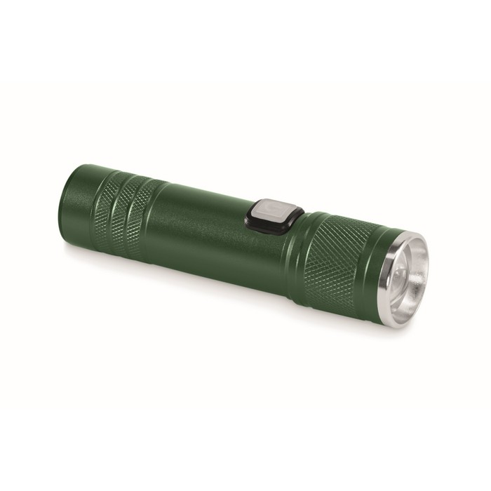Linterna de aluminio reciclado extensible con 3 ajustes de luz y zoom color verde oscuro Linterna de aluminio reciclado extensible con 3 ajustes de luz y zoom color verde oscuro