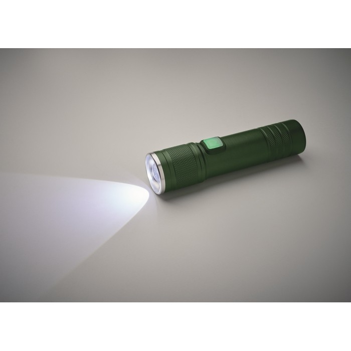 Linterna de aluminio reciclado extensible con 3 ajustes de luz y zoom color verde oscuro vista fotografía sexta vista Linterna de aluminio reciclado extensible con 3 ajustes de luz y zoom color verde oscuro vista fotografía sexta vista