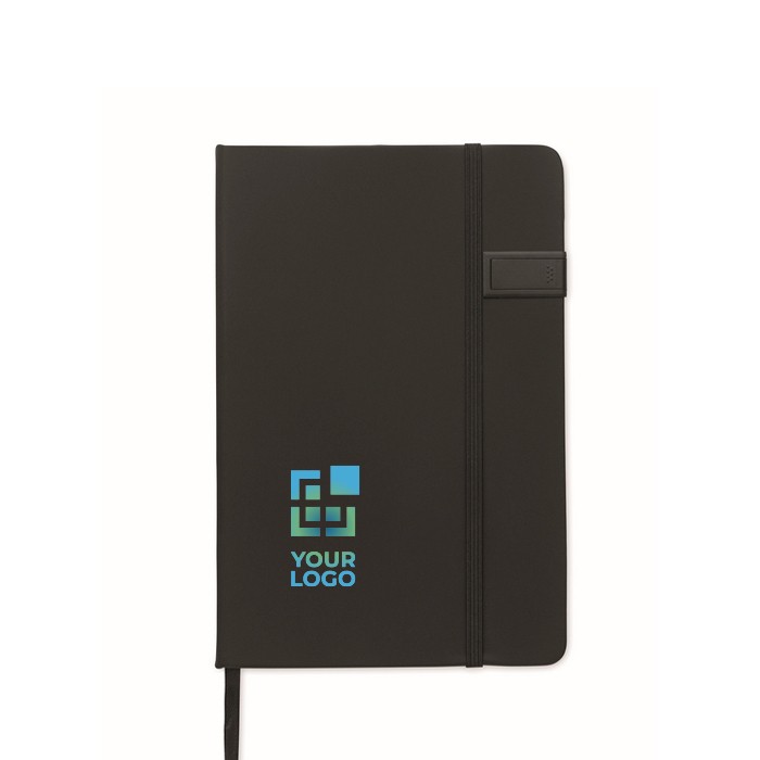 Libreta negra de tapa dura con memoria USB incluida A5 hojas a rayas color negro vista de impresión Libreta negra de tapa dura con memoria USB incluida A5 hojas a rayas color negro vista de impresión