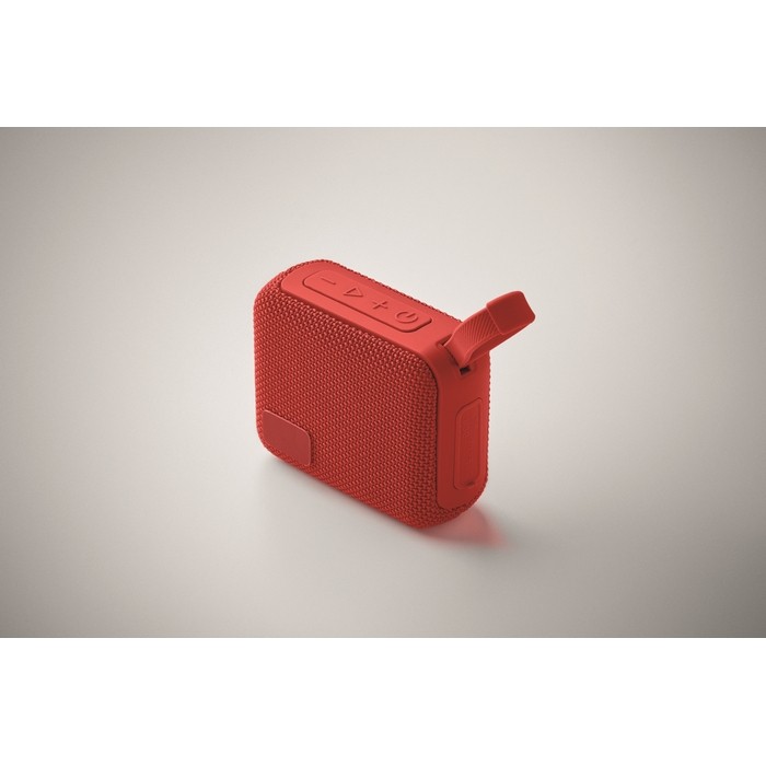 Pequeño altavoz inalámbrico con asa a juego para transporte color rojo vista fotografía cuarta vista Pequeño altavoz inalámbrico con asa a juego para transporte color rojo vista fotografía cuarta vista