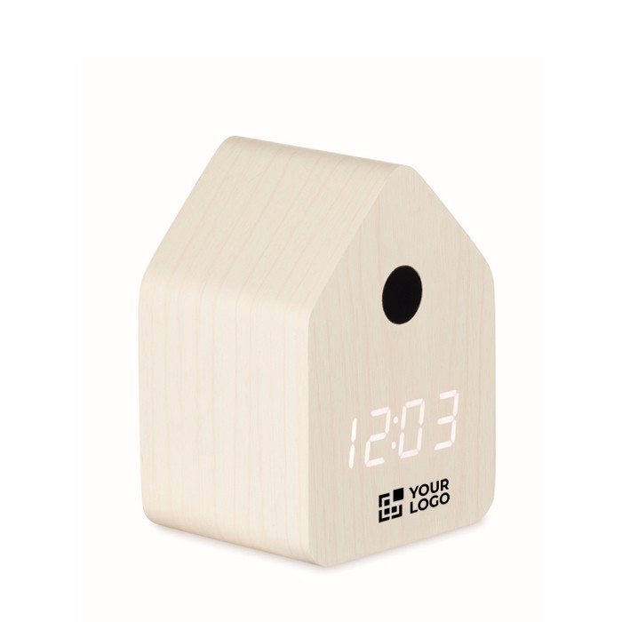 Reloj pequeño de sobremesa con alarma en forma de casa de pájaro color blanco vista de impresión Reloj pequeño de sobremesa con alarma en forma de casa de pájaro color blanco vista de impresión