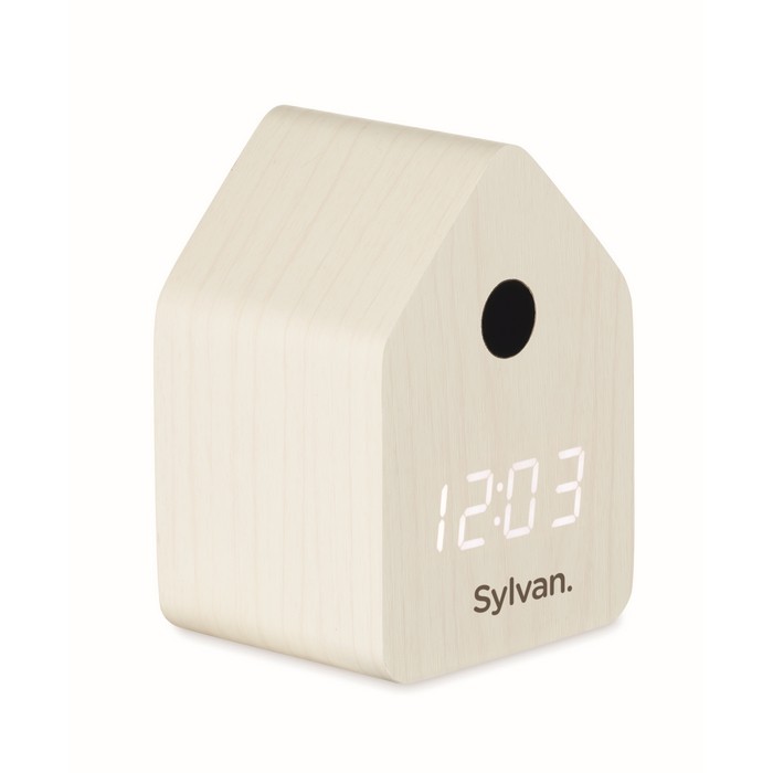 Reloj pequeño de sobremesa con alarma en forma de casa de pájaro color blanco vista principal Reloj pequeño de sobremesa con alarma en forma de casa de pájaro color blanco vista principal