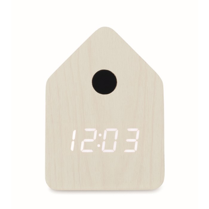 Reloj pequeño de sobremesa con alarma en forma de casa de pájaro color blanco segunda vista Reloj pequeño de sobremesa con alarma en forma de casa de pájaro color blanco segunda vista