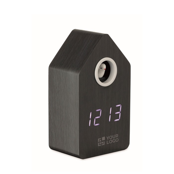 Alarma en forma de casa de pájaro con pantalla LED blanca color negro vista de impresión Alarma en forma de casa de pájaro con pantalla LED blanca color negro vista de impresión