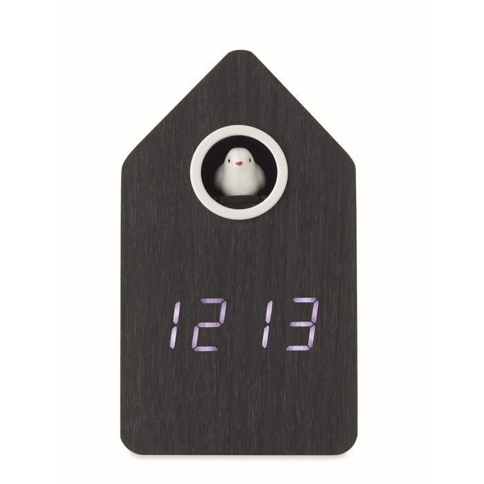 Alarma en forma de casa de pájaro con pantalla LED blanca color negro segunda vista Alarma en forma de casa de pájaro con pantalla LED blanca color negro segunda vista