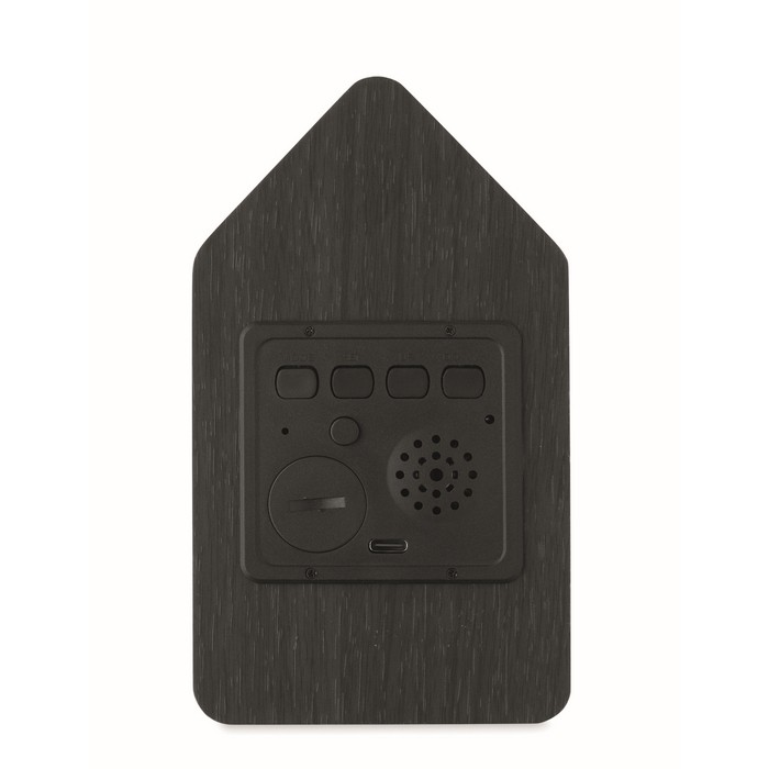 Alarma en forma de casa de pájaro con pantalla LED blanca color negro tercera vista Alarma en forma de casa de pájaro con pantalla LED blanca color negro tercera vista