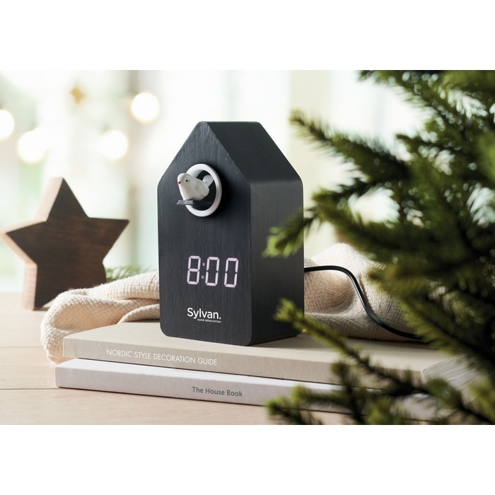 Alarma en forma de casa de pájaro con pantalla LED blanca color negro segunda vista bodegón 2 Alarma en forma de casa de pájaro con pantalla LED blanca color negro segunda vista bodegón 2