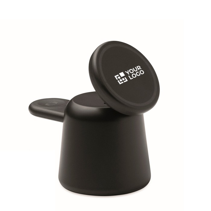 Base de carga para teléfono y reloj Apple® con soporte para móvil color negro vista de impresión Base de carga para teléfono y reloj Apple® con soporte para móvil color negro vista de impresión