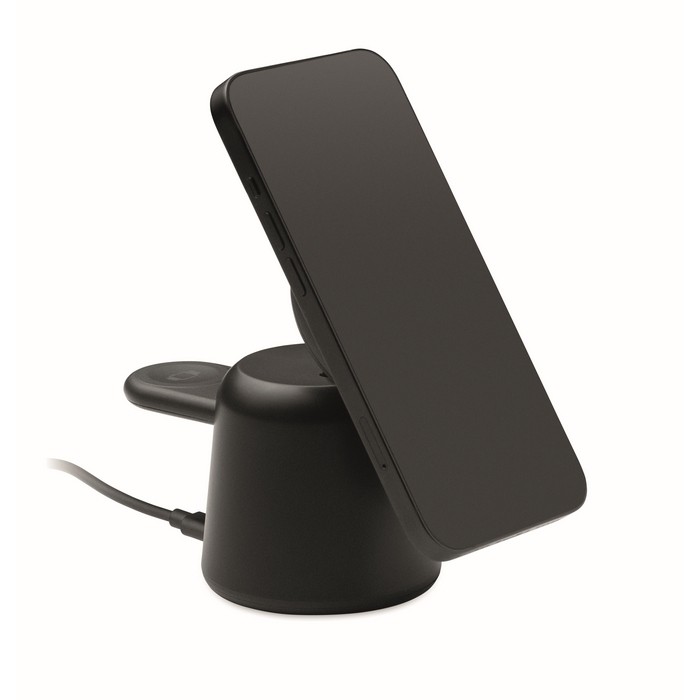 Base de carga para teléfono y reloj Apple® con soporte para móvil color negro tercera vista Base de carga para teléfono y reloj Apple® con soporte para móvil color negro tercera vista