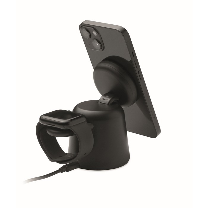 Base de carga para teléfono y reloj Apple® con soporte para móvil color negro quinta vista Base de carga para teléfono y reloj Apple® con soporte para móvil color negro quinta vista