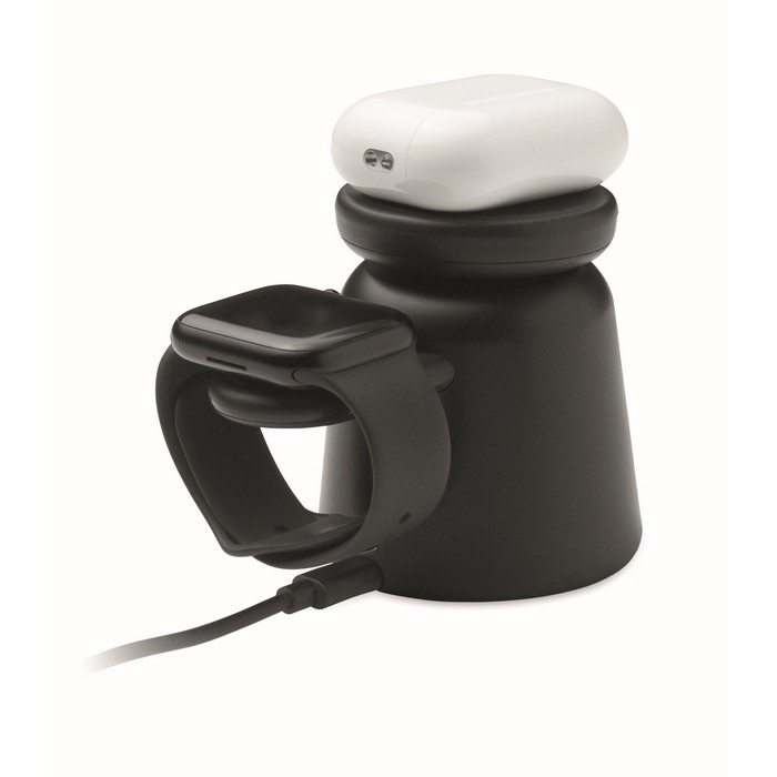 Base de carga para teléfono y reloj Apple® con soporte para móvil color negro sexta vista Base de carga para teléfono y reloj Apple® con soporte para móvil color negro sexta vista