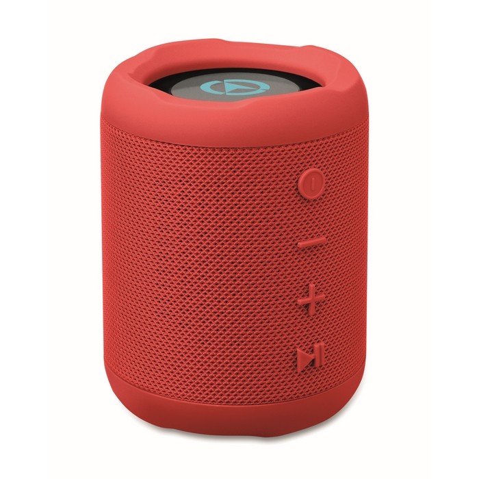 Pequeño altavoz inalámbrico de tejido RPET de 3hs de reproducción color rojo vista principal Pequeño altavoz inalámbrico de tejido RPET de 3hs de reproducción color rojo vista principal