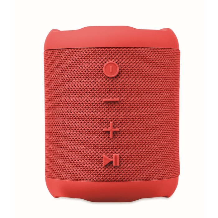 Pequeño altavoz inalámbrico de tejido RPET de 3hs de reproducción color rojo quinta vista Pequeño altavoz inalámbrico de tejido RPET de 3hs de reproducción color rojo quinta vista