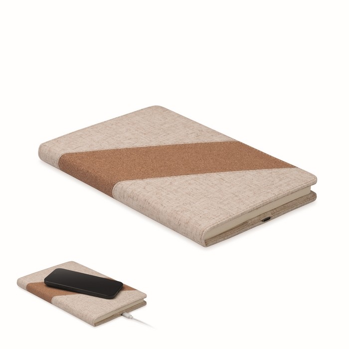 Libreta con detalles de corcho y algodón y cargador inalámbrico A5 color beige