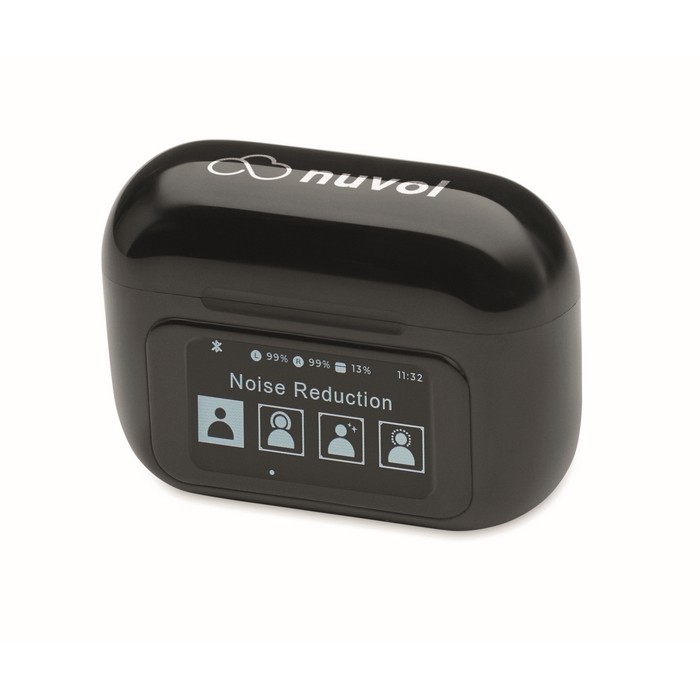 Auriculares inalámbricos con estuche de pantalla táctil color negro vista principal Auriculares inalámbricos con estuche de pantalla táctil color negro vista principal