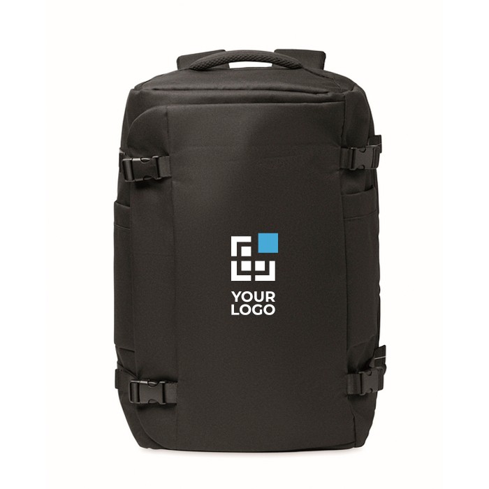 Mochila ideal para viajes con múltiples compartimientos color negro vista de impresión