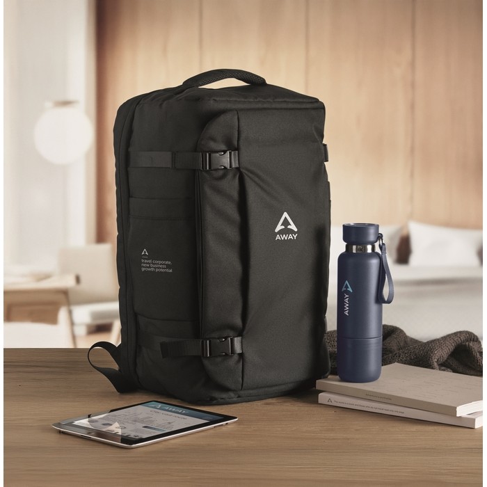 Mochila ideal para viajes con múltiples compartimientos color negro segunda vista bodegón 2