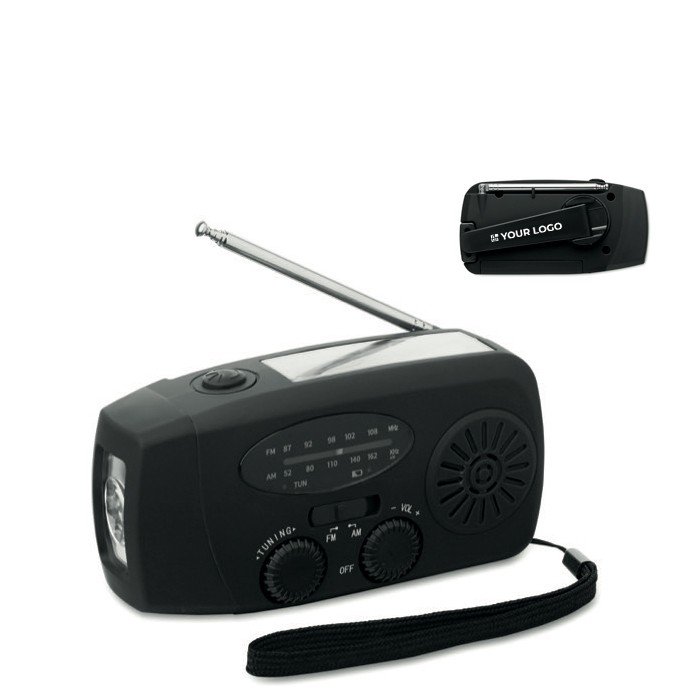 Radio portátil solar con linterna y batería externa de emergencia color negro vista de impresión Radio portátil solar con linterna y batería externa de emergencia color negro vista de impresión