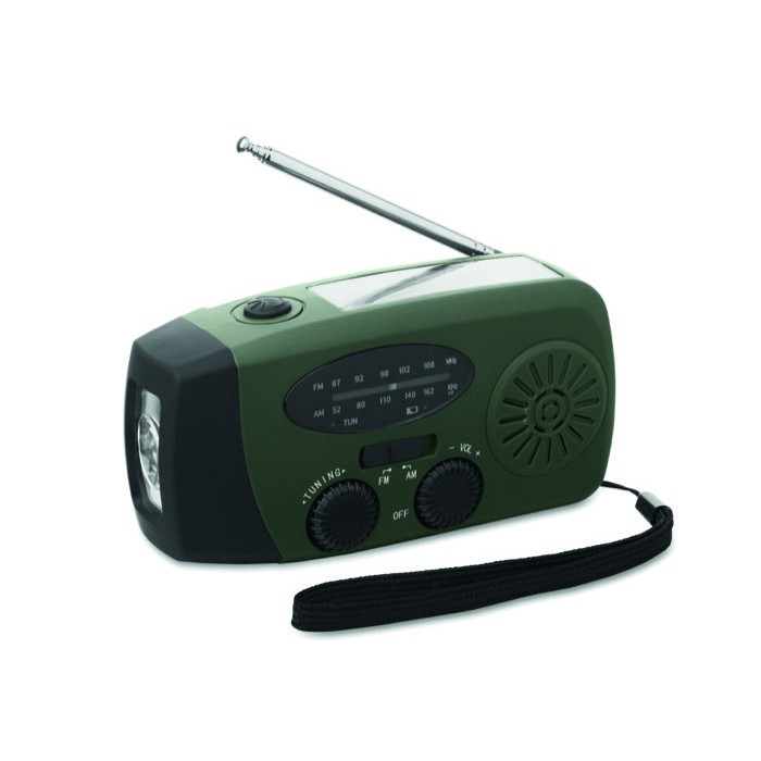 Radio portátil solar con linterna y batería externa de emergencia color verde oscuro Radio portátil solar con linterna y batería externa de emergencia color verde oscuro