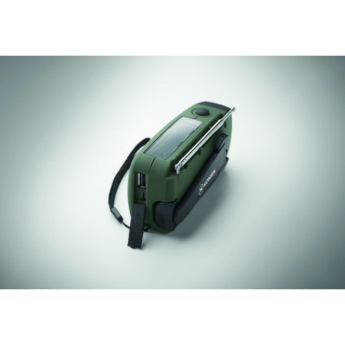 Radio portátil solar con linterna y batería externa de emergencia color verde oscuro Radio portátil solar con linterna y batería externa de emergencia color verde oscuro