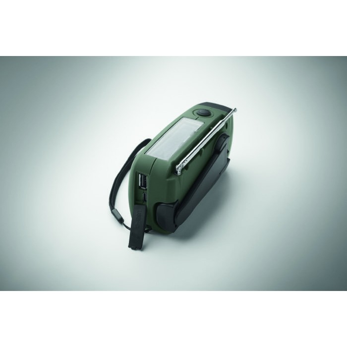 Radio portátil solar con linterna y batería externa de emergencia color verde oscuro Radio portátil solar con linterna y batería externa de emergencia color verde oscuro