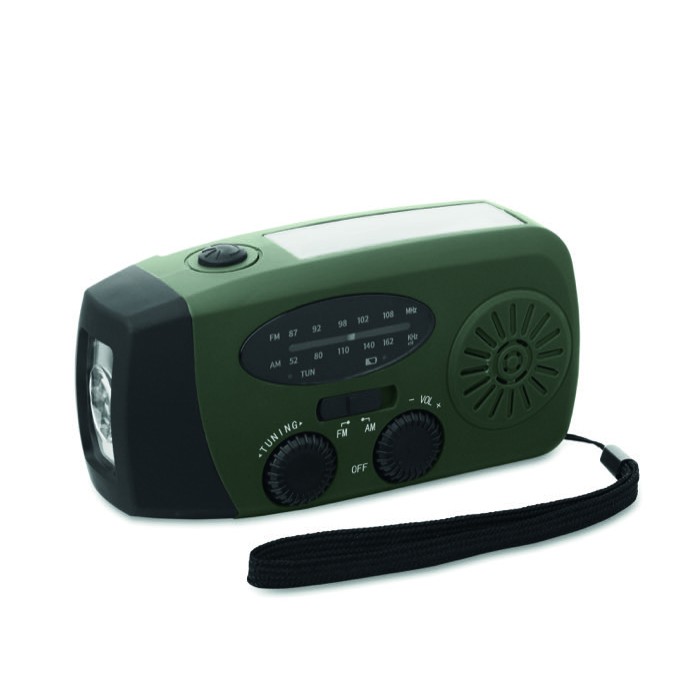 Radio portátil solar con linterna y batería externa de emergencia color verde oscuro Radio portátil solar con linterna y batería externa de emergencia color verde oscuro