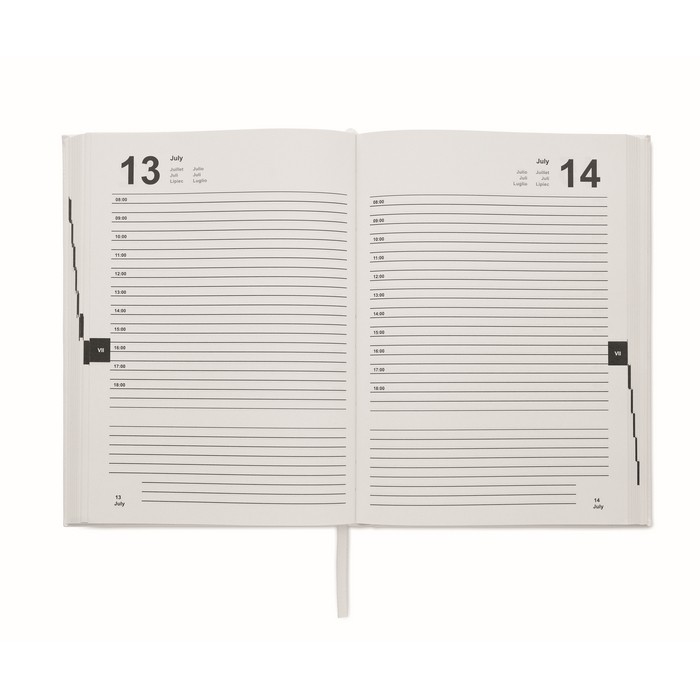 Libreta con agenda perpetuo de vista diaria con marca página a juego A5 color blanco quinta vista Libreta con agenda perpetuo de vista diaria con marca página a juego A5 color blanco quinta vista