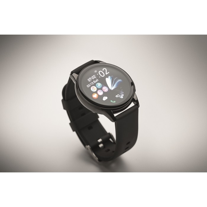 Smartwatch inalámbrico a prueba de agua con correa de silicona color negro vista fotografía cuarta vista Smartwatch inalámbrico a prueba de agua con correa de silicona color negro vista fotografía cuarta vista