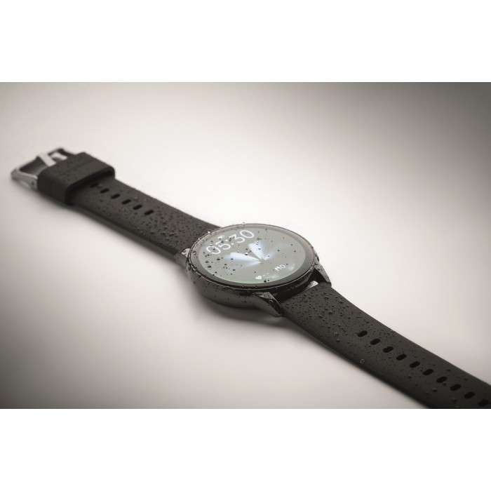 Smartwatch inalámbrico a prueba de agua con correa de silicona color negro vista fotografía quinta vista Smartwatch inalámbrico a prueba de agua con correa de silicona color negro vista fotografía quinta vista