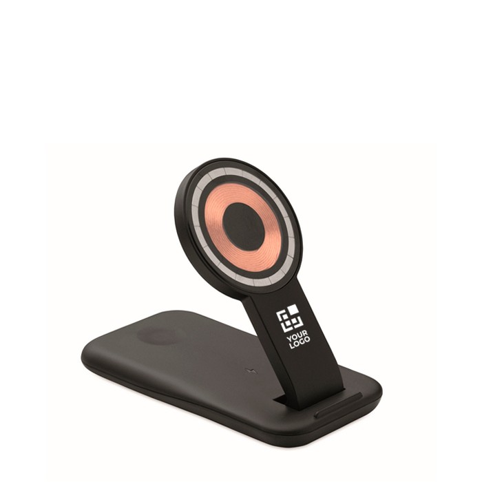 Base de carga 3 en 1 con soporte para móvil aptos para Apple® color negro vista de impresión Base de carga 3 en 1 con soporte para móvil aptos para Apple® color negro vista de impresión