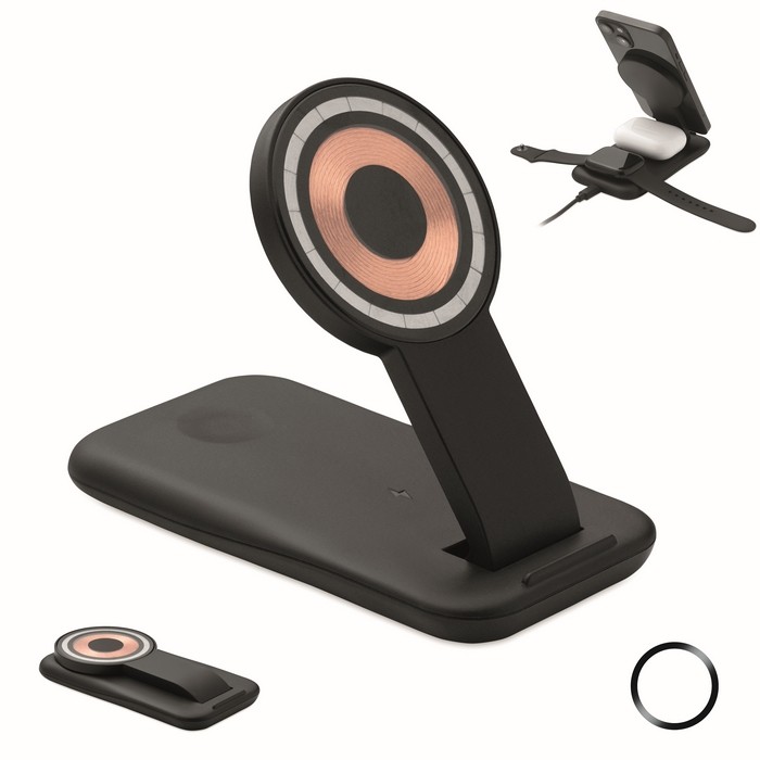 Base de carga 3 en 1 con soporte para móvil aptos para Apple® color negro Base de carga 3 en 1 con soporte para móvil aptos para Apple® color negro