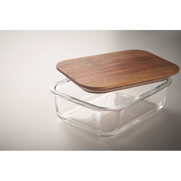 Fiambrera de cristal con tapa de madera y cinta elástica de cierre color transparente vista fotografía tercera vista Fiambrera de cristal con tapa de madera y cinta elástica de cierre color transparente vista fotografía tercera vista